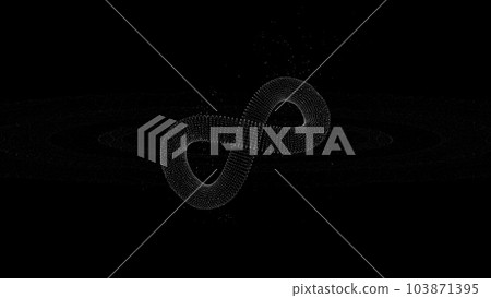 3D symbol of infinity consisting of millions of moving particles on black background. Closed figure emitting radiation 103871395
