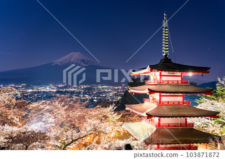 “山梨縣”富士山、五層寶塔和盛開的櫻花、春天的新倉山淺間公園 “山梨縣”富士山、五層寶塔和盛開的櫻花、春天的新倉山淺間公園 103871872