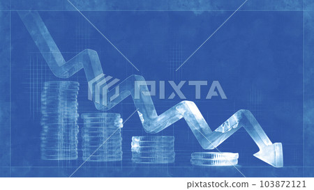 Golden coin stacks and arrow down Golden coin stacks and arrow down 103872121