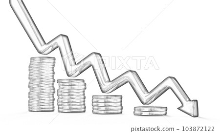 Golden coin stacks and arrow down Golden coin stacks and arrow down 103872122