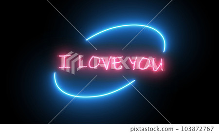 I LOVE YOU animated red blue neon text sign with flickering halo on black background. Valentine's Day love concept, greeting card. Festive slogan. Transparent Alpha channel. 3D animation 103872767