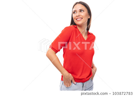 portrait of smiling pretty brunette woman with straight hair in red t-shirt and jeans isolated 103872783