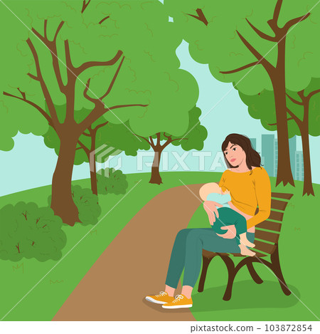 Woman feeds baby in the park. Woman feeds baby in the park. 103872854