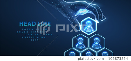 HR manage. Abstract 3d human hand hold leader icon in hexagon on top of people pyramid. Manage human resurse, team leader, recruitment process, change personnel HR manage. Abstract 3d human hand hold leader icon in hexagon on top of people pyramid. Manage human resurse, team leader, recruitment process, change personnel 103873234