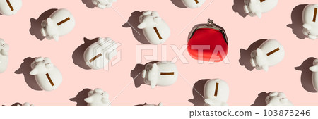 Banner White piggy banks and coin purse on pink background. 103873246