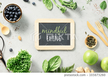 Vegetarian vegan healthy ingredients and mindful eating chalk board 103873260