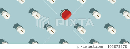 Banner White piggy banks and coin purse on blue background. 103873278