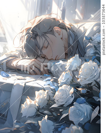 王子在白玫瑰的簇擁下入睡（生成式 AI） 103873644