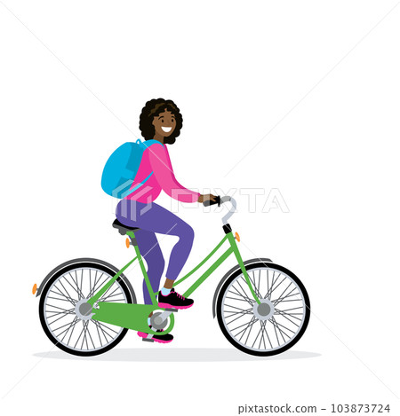 Happy african american female bicyclist with backpack 103873724