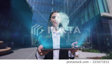 Friendly young businesswoman using digital computer tablet near office building. 3D Futuristic finance stock exchange market chart. 3d Animation. Friendly young businesswoman using digital computer tablet near office building. 3D Futuristic finance stock exchange market chart. 3d Animation. 103873832