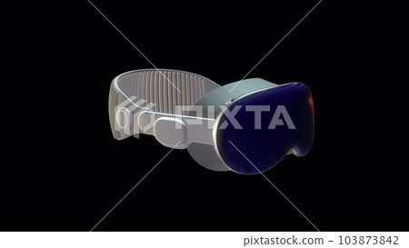 3D rendered representation of an AR headset compatible on black background. VR Headset animation. 3D rendered representation of an AR headset compatible on black background. VR Headset animation. 103873842