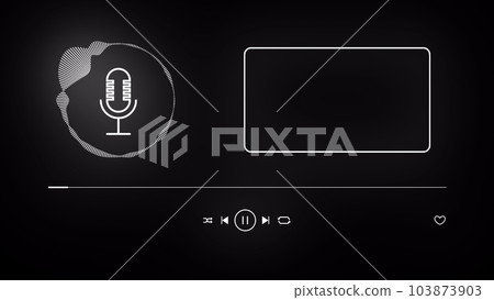3d podcast animation, podcast recording, voice, microphone, audio track is being played. Looping animation footage. 103873903