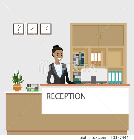 Reception interior with furniture and african american female re Reception interior with furniture and african american female re 103874441