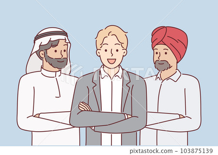 Multinational business team of people from different cultures in national Arabic and Indian clothes 103875139
