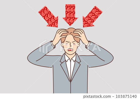 Businessman stands among red arrows and shouts asking for help to solve complex issues. 103875140