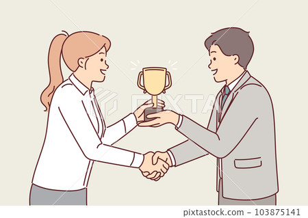 Boss presents cup to subordinate in recognition of achievement and shakes hands to motivate 103875141