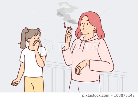 Woman smoking cigarette making daughter passive smoker and causing child suffering from nicotine 103875142