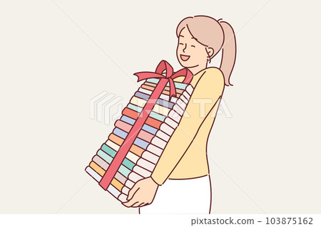 Girl with books with gift bow rejoices at opportunity to gain knowledge and read new literature 103875162