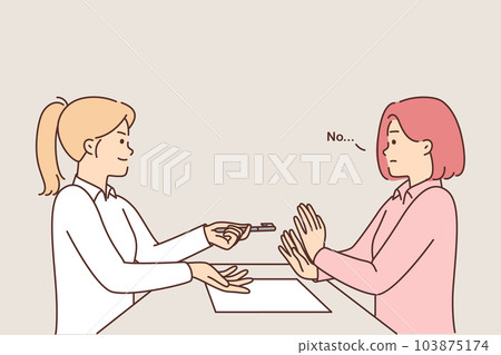 Woman refuses to sign contract sitting at table and does not want to take pen from HR manager girl 103875174