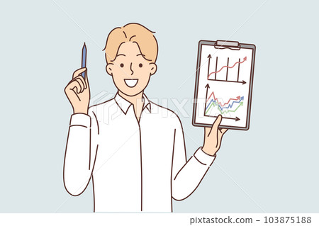 Businessman demonstrates results of company budget audit and holds pen and clipboard with graphs Businessman demonstrates results of company budget audit and holds pen and clipboard with graphs 103875188