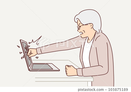 Elderly woman smashes laptop screen by punching it because bad news on website or freezing software 103875189