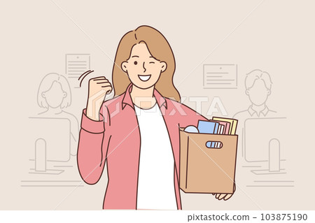 Woman celebrates dismissal by standing in office with cardboard box filled with personal items 103875190