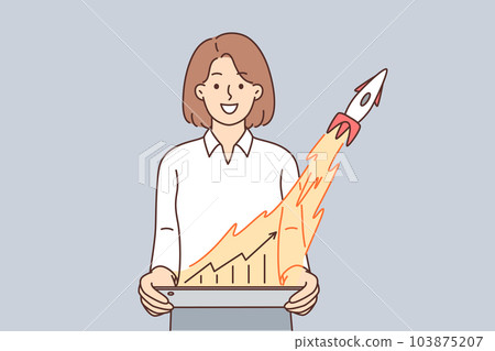 Businesswoman with graph and rocket taking off symbolizing financial success of startup 103875207