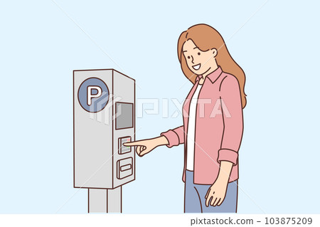 Woman pays for parking for car using street machine to issue ticket or check to avoid getting fine 103875209