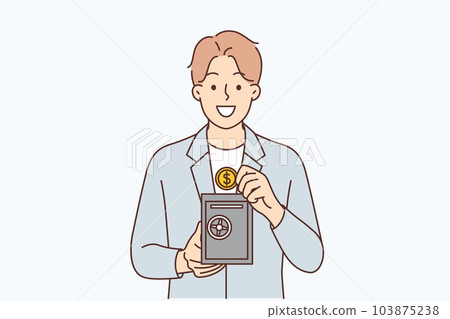 Man with safe for money recommends using reliable bank deposit for capital accumulation 103875238