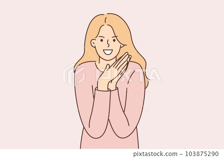 Cunning woman smiles and rubs palms, wanting to commit mean act or deceive for financial gain Cunning woman smiles and rubs palms, wanting to commit mean act or deceive for financial gain 103875290