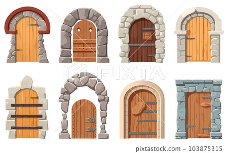 set vector illustration of ancient castle and strong wooden door isolate on white background set vector illustration of ancient castle and strong wooden door isolate on white background 103875315