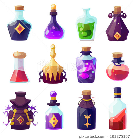 vector set illustration in cartoon style of alchemist bottles with elixir 103875397