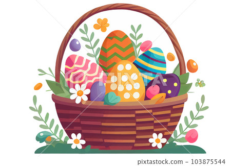 vector illustration of aester colorful eggs inside wicker basket isolation on white background vector illustration of aester colorful eggs inside wicker basket isolation on white background 103875544