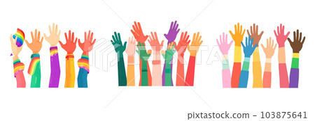 set vector illustration of colorful hands raised up on pride parade isolate on white 103875641