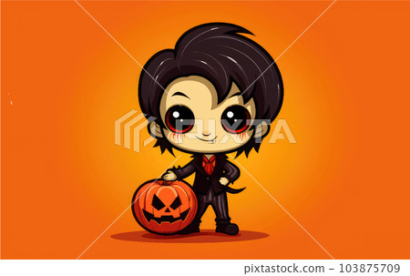 Happy Halloween. Vector cute illustration of vampire with pumpkin on orange background Happy Halloween. Vector cute illustration of vampire with pumpkin on orange background 103875709