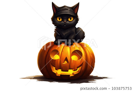 Cute black cat in a witch hat sitting on a Halloween pumpkin Cute black cat in a witch hat sitting on a Halloween pumpkin 103875753