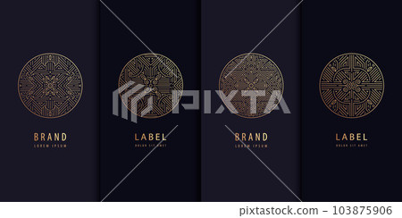 Vector set of golden label design patterns. Circle art deco logos, cosmetic, chocolate, tea, wine package. Luxury royal style, vintage fancy signs, premium design. Vector set of golden label design patterns. Circle art deco logos, cosmetic, chocolate, tea, wine package. Luxury royal style, vintage fancy signs, premium design. 103875906
