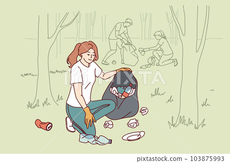 Woman volunteer collects garbage in bag, cleaning park from plastic non-degradable waste 103875993
