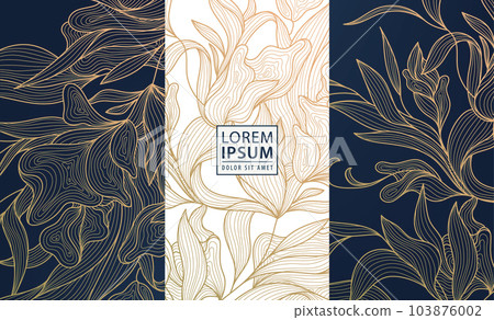 Set of vector design elements labels, frames, wedding invitations, social net stories, packaging, luxury products, perfume, soap, wine. Line golden backgrounds, floral patterns with leaves 103876002