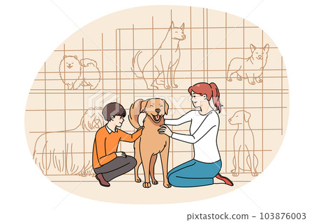 Happy mother and son adopt dog from shelter 103876003