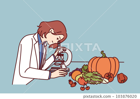 Checking quality of food in laboratory by woman using microscope to look for nitrates and pesticides Checking quality of food in laboratory by woman using microscope to look for nitrates and pesticides 103876020
