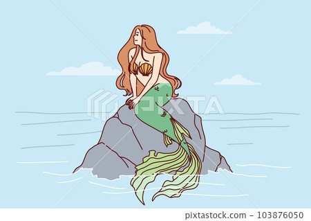Mermaid sits on sea rock to illustrate fairy tales about ocean dwellers and magical creatures 103876050