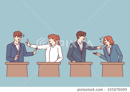 Debates of politicians standing behind stands during election campaign in parliament 103876099