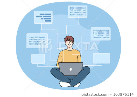 Smiling software engineer writing codes on computer Smiling software engineer writing codes on computer 103876114