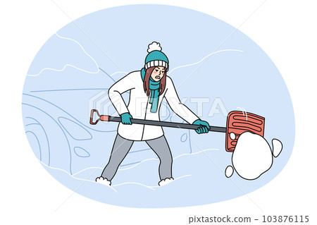 Unhappy woman dig car from snow in winter Unhappy woman dig car from snow in winter 103876115