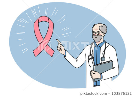Male doctor point at pink ribbon 103876121