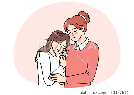 Loving mom hug comfort crying teen daughter 103876141