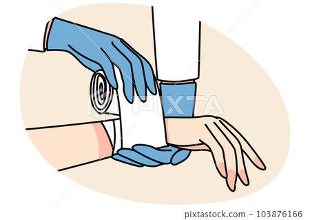 Doctor put bandage on patient wrist Doctor put bandage on patient wrist 103876166