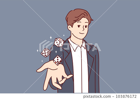 Man throws dice inviting you to visit casino and try your luck at roulette with big cash prize 103876172