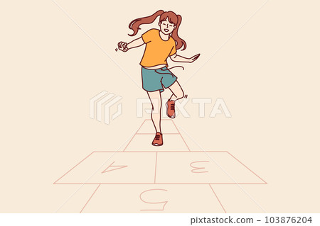 Little girl plays hopscotch jumping on cages drawn on pavement asphalt on summer sunny day 103876204